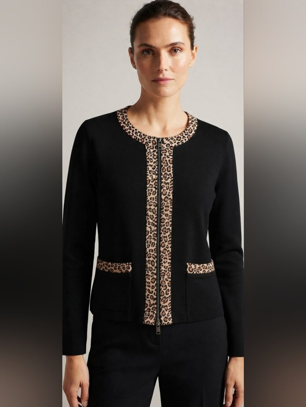 Marc Cain Sports Black Leopard Print Trim Zip-Up Cardigan – Made in Europe